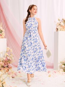 SHEIN Leap Crew DRMZ Váy yếm thắt lưng họa tiết hoa cho bé gái tuổi teen - Xanh và trắng - Xem 7