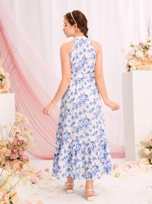 SHEIN Leap Crew DRMZ Váy yếm thắt lưng họa tiết hoa cho bé gái tuổi teen - Xanh và trắng - Xem 6