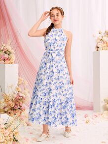 SHEIN Leap Crew DRMZ Váy yếm thắt lưng họa tiết hoa cho bé gái tuổi teen - Xanh và trắng - Xem 2