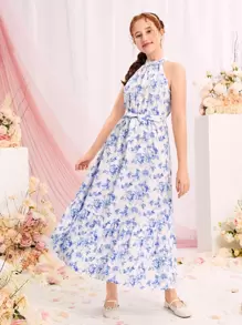 SHEIN Leap Crew DRMZ Váy yếm thắt lưng họa tiết hoa cho bé gái tuổi teen - Xanh và trắng - Xem 5