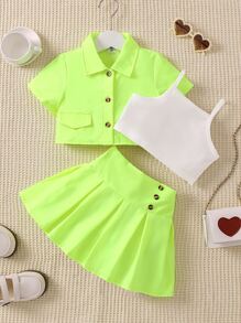 小女童翻蓋細節襯衫和百褶半身裙和吊帶上衣 - 彩色 - 查看 1