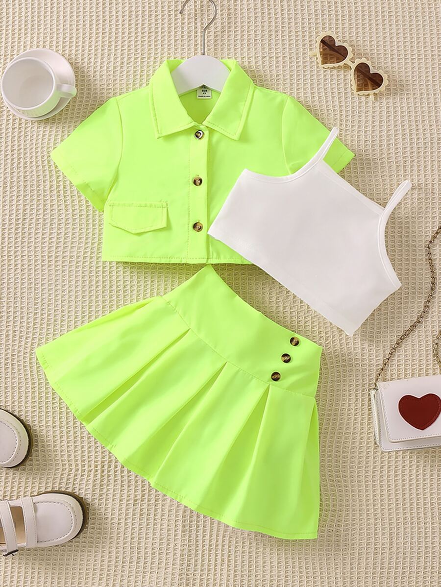 小女童翻蓋細節襯衫和百褶半身裙和吊帶上衣 - 彩色 - 查看 1