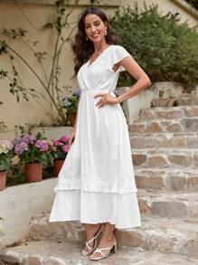 SHEIN VCAY Vestido unicolor con encaje ribete con fruncido