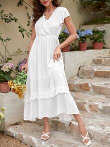 SHEIN VCAY Vestido unicolor con encaje ribete con fruncido