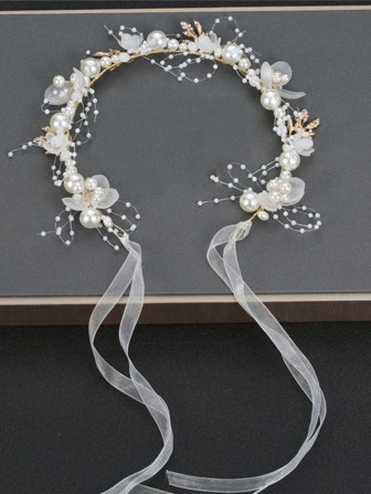 Faux Pearl & Flower Decor Bridal Hair Band Elegant