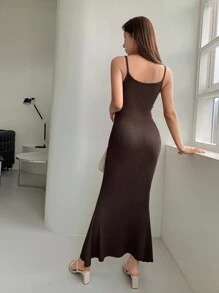 DAZY 素色魚尾裙下擺吊帶連衣裙 - 巧克力棕 - 查看 2