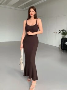 DAZY 素色魚尾裙下擺吊帶連衣裙 - 巧克力棕 - 查看 6