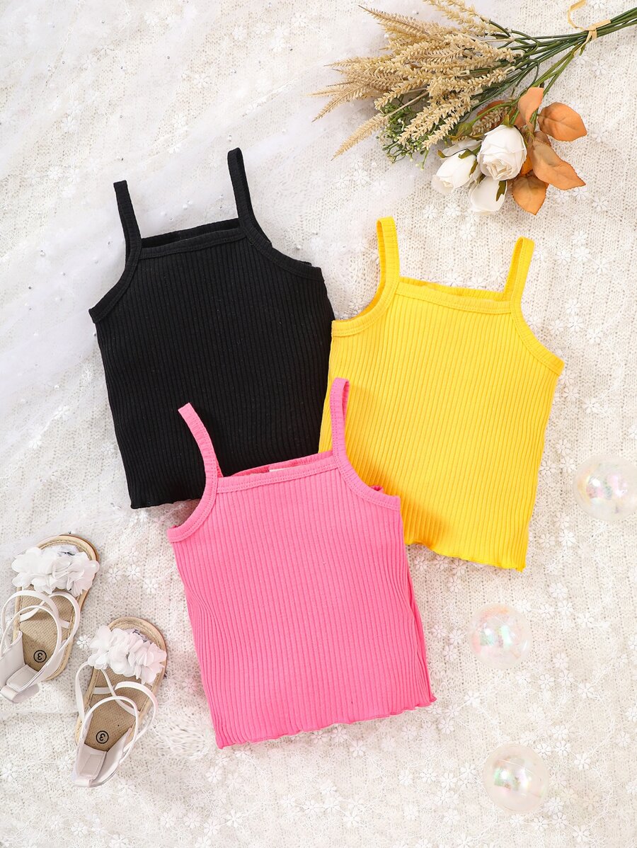 Baby 3pcs Ribbed Knit Lettuce Trim Cami Top - Multicolor - View 1
