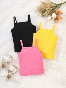 Baby 3pcs Ribbed Knit Lettuce Trim Cami Top - Multicolor - View 2