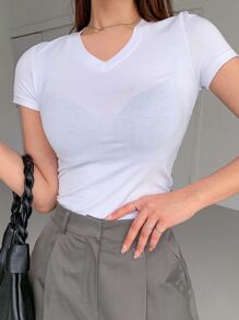 DAZY 實色v領短袖t恤 - 白色 - 查看 9