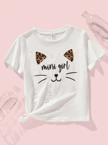 SHEIN Girls Cartoon & Letter Graphic Water-Repellent Tee - White - View 1