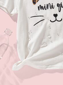 SHEIN Girls Cartoon & Letter Graphic Water-Repellent Tee - White - View 4