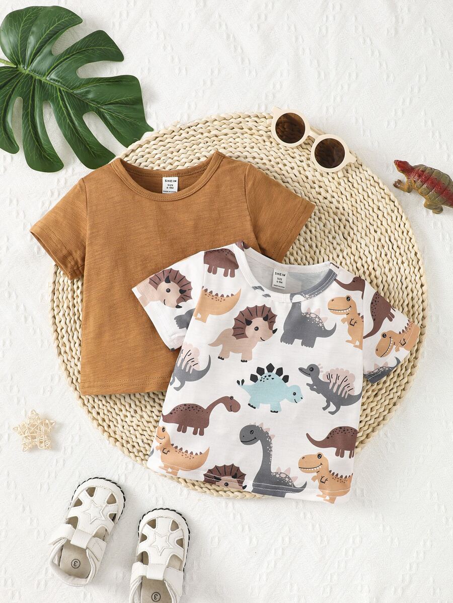 SHEIN Baby Boy 2pcs Dinosaur Print Tee - Multicolor - View 1