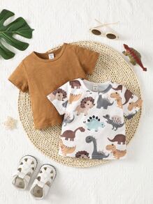 SHEIN Baby Boy 2pcs Dinosaur Print Tee - Multicolor - View 6