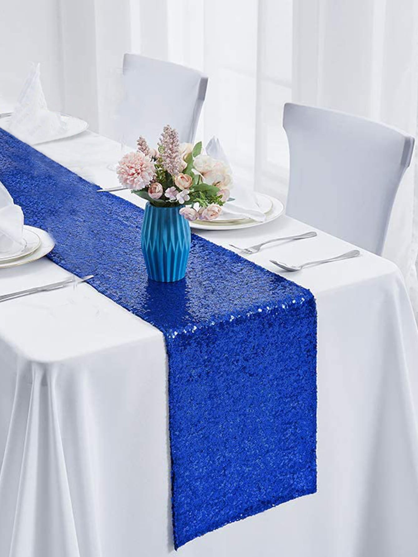 1個純色閃爍派對桌旗,亮片桌布,派對裝飾 - 藍色 - 查看 1