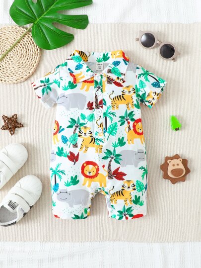 男嬰動物印花襯衫連體短褲