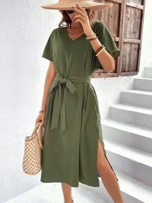 SHEIN VCAY Solid Split Thigh Belted Dress - Army Green - View 1