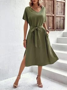 SHEIN VCAY Solid Split Thigh Belted Dress - Army Green - View 5