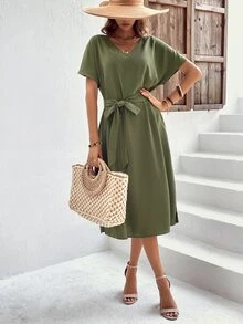 SHEIN VCAY Solid Split Thigh Belted Dress - Army Green - View 3