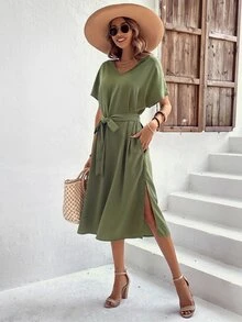 SHEIN VCAY Solid Split Thigh Belted Dress - Army Green - View 4