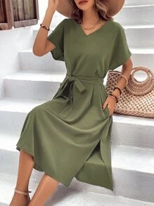 SHEIN VCAY Solid Split Thigh Belted Dress - Army Green - View 6