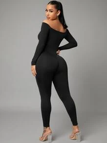 SHEIN SXY 一字肩前鏤空彈力緊身連體褲 - 黑色 - 查看 2