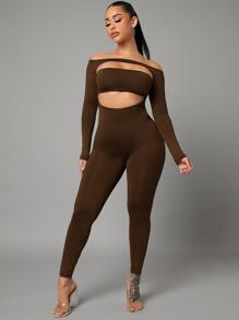 SHEIN SXY 一字肩前鏤空彈力緊身連體褲 - 咖啡棕 - 查看 5