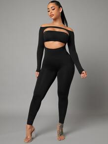 SHEIN SXY 一字肩前鏤空彈力緊身連體褲 - 黑色 - 查看 5