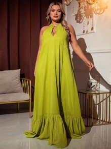 Vestido de cuello halter de espalda abierta bajo con fruncido - Verde Oliva - Ver 5