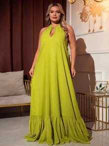 Vestido de cuello halter de espalda abierta bajo con fruncido - Verde Oliva - Ver 6