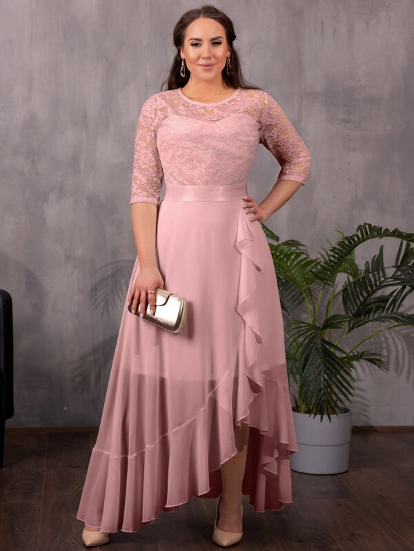 MIUSOL Plus Floral Lace Bodice Ruffle Trim Wrap Hem Chiffon Formal Dress SHEIN USA