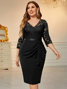 MIUSOL Vestido de fiesta formal de encaje con volantes laterales drapeados y contraste de encaje para tallas grandes - Negro - Ver 4