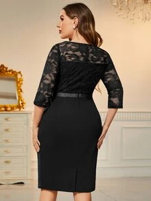 MIUSOL Vestido de fiesta formal de encaje con volantes laterales drapeados y contraste de encaje para tallas grandes - Negro - Ver 2