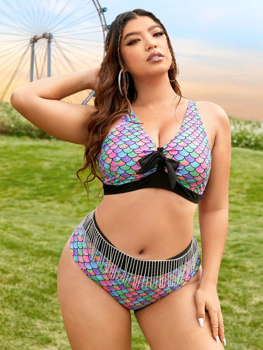 Plus Size Fish Scales Print Knot Front Bikini Set Summer Beach - Multicolor - View 1