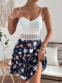 SHEIN VCAY Floral Print Contrast Lace Cami Dress - Multicolor - View 3