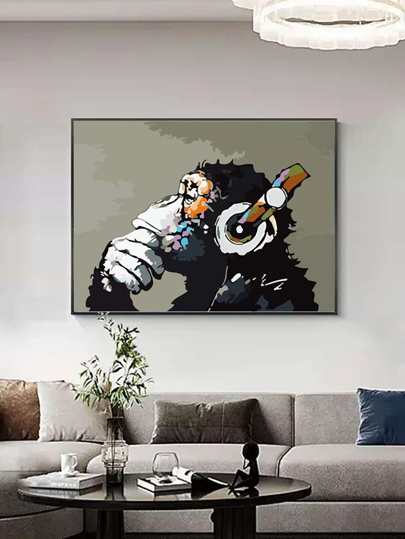 1pc PVC Wall Sticker, Modern Headphone & Chimpanzee Pattern Wall Decal For Home - Multicolor - View 1