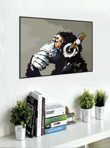 1pc PVC Wall Sticker, Modern Headphone & Chimpanzee Pattern Wall Decal For Home - Multicolor - View 2