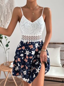 SHEIN VCAY Floral Print Contrast Lace Cami Dress - Multicolor - View 5