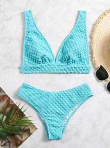 Swim SXY Solid Bikini Set Textured Wireless Top & Hipster Bottom 2 Pieces Bikini Summer Beach - Mint Blue - View 3