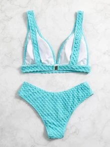 Swim SXY Solid Bikini Set Textured Wireless Top & Hipster Bottom 2 Pieces Bikini Summer Beach - Mint Blue - View 4