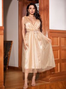 Đầm Thắt lưng Tương phản Mesh Trọn gói màu trơn Thanh lịch - Màu be - Xem 3