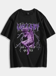 ROMWE MEN Guys Cotton Angel Letter Graphic Tee - Black - View 1