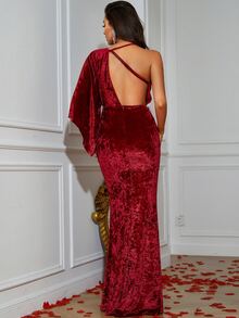 Asymmetrical Neck Split Thigh Backless Dress - Burgundy - View 2