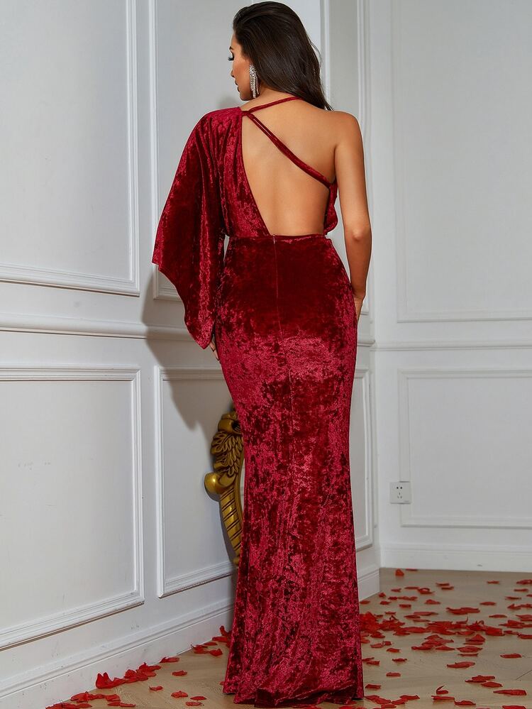 Asymmetrical Neck Split Thigh Backless Dress - Burgundy - View 2