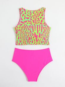 Bộ đồ tắm Tankini in hình tương phản màu neon trên bãi biển mùa hè - Nhiều màu - Xem 3