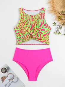 Bộ đồ tắm Tankini in hình tương phản màu neon trên bãi biển mùa hè - Nhiều màu - Xem 4