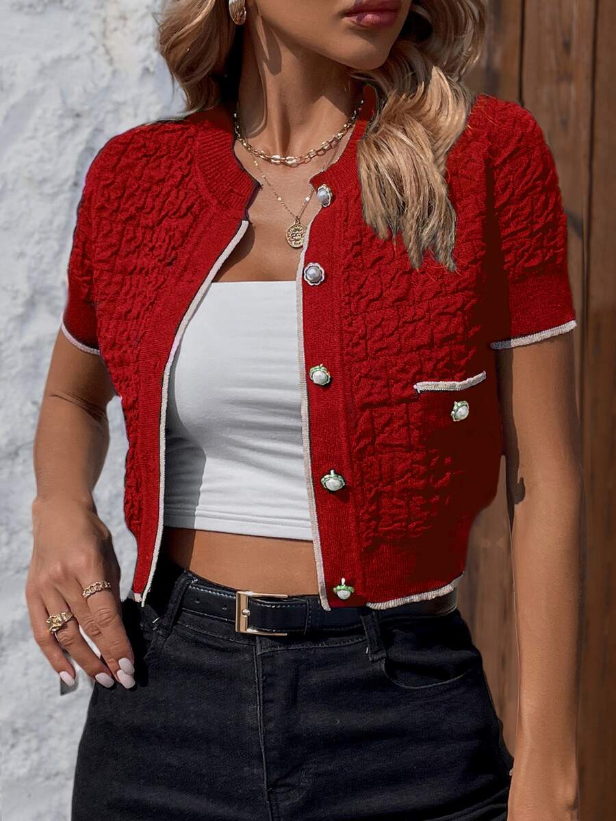 Knit Mix 春夏女士休闲针织撞色圆领短袖纽扣宽松开衫（图案随机） - 紅色 - 查看 1