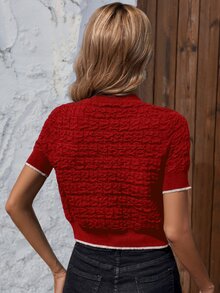Knit Mix 春夏女士休闲针织撞色圆领短袖纽扣宽松开衫（图案随机） - 紅色 - 查看 2