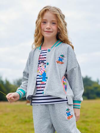 女孩卡通圖案落肩袖飛行員夾克