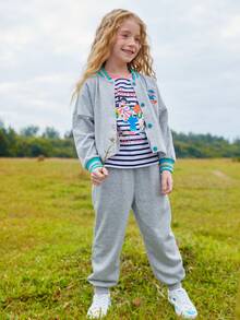 女孩卡通圖案落肩袖飛行員夾克 - 淺灰色 - 查看 3